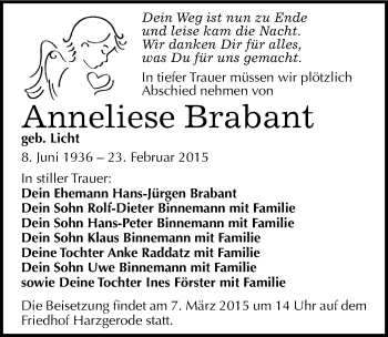 Traueranzeige von Anneliese Brabant von Mitteldeutsche Zeitung Quedlinburg