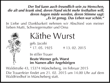 Traueranzeige von Käthe Wurst von Mitteldeutsche Zeitung Bitterfeld