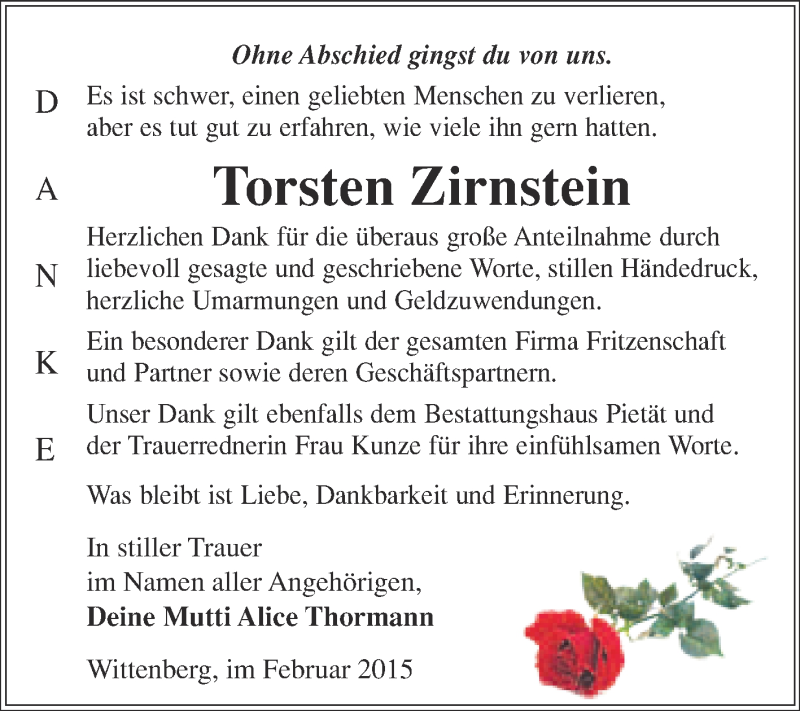  Traueranzeige für Torsten Zirnstein vom 22.02.2015 aus Super Sonntag Wittenberg