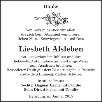 Traueranzeige von Lisbeth Alsleben von Super Sonntag Bernburg