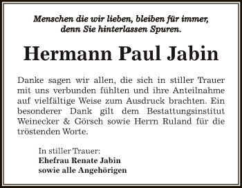 Traueranzeige von Hermann Paul Jabin von Super Sonntag Bernburg