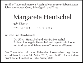 Traueranzeige von Margarete Hentschel von Mitteldeutsche Zeitung Halle/Saalkreis