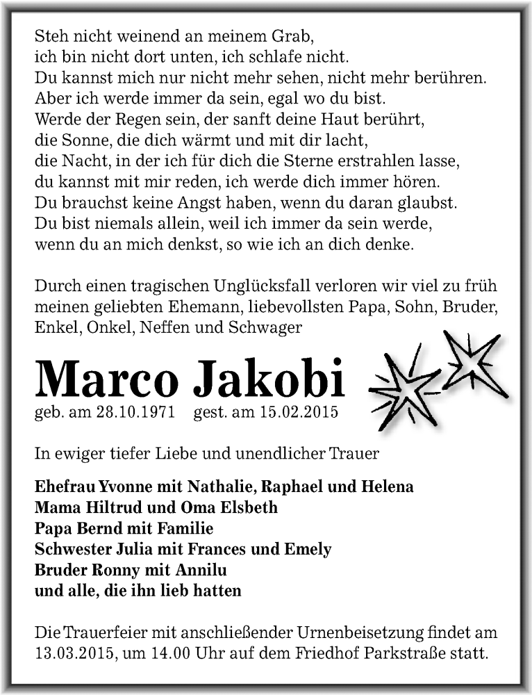  Traueranzeige für Marco Jakobi vom 28.02.2015 aus Mitteldeutsche Zeitung Bernburg