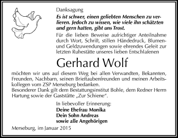 Traueranzeige von Gerhard Wolf von WVG - Wochenspiegel Merseburg