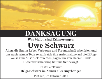 Traueranzeige von Uwe Schwarz von WVG - Wochenspiegel Dessau / Köthen