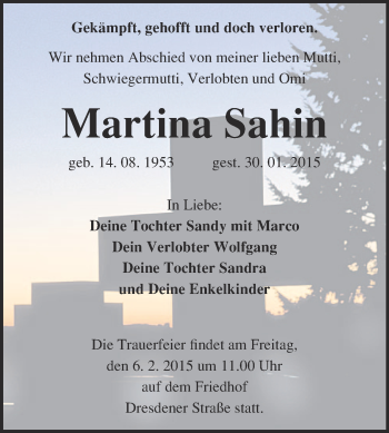Traueranzeige von Martina Sahin von Super Sonntag Wittenberg