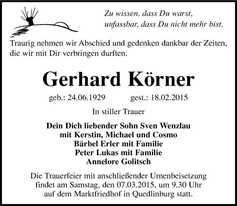  Traueranzeige für Gerhard Körner vom 28.02.2015 aus Mitteldeutsche Zeitung Quedlinburg