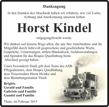 Traueranzeige von Horst Kindel von Mitteldeutsche Zeitung Quedlinburg
