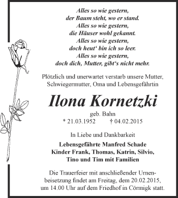 Traueranzeige von Ilona Kornetzki von Super Sonntag Bernburg