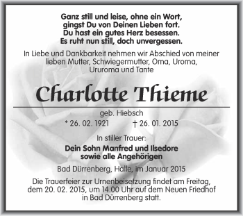 Traueranzeige von Charlotte Thieme von WVG - Wochenspiegel Merseburg