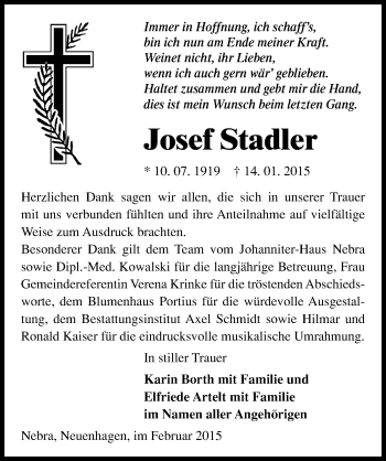 Traueranzeige von Josef Stadler von Mitteldeutsche Zeitung Naumburg/Nebra