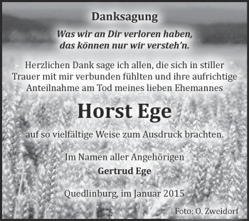 Traueranzeige von Horst Ege von WVG - Wochenspiegel Quedlinburg