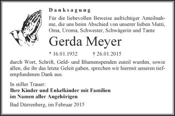 Traueranzeige von Gerda Meyer von Super Sonntag Merseburg