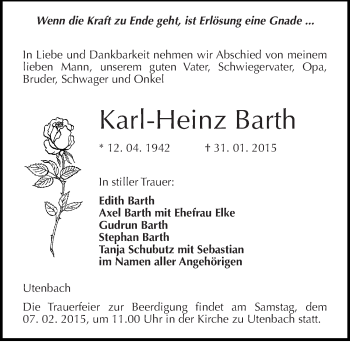Traueranzeige von Karl-Heinz Barth von Mitteldeutsche Zeitung Naumburg/Nebra