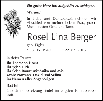 Traueranzeige von Rosel Lina Berger von Mitteldeutsche Zeitung Naumburg/Nebra
