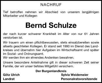 Traueranzeige von Bernd Schulze von Mitteldeutsche Zeitung