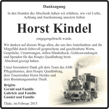 Traueranzeige von Horst Kindel von Super Sonntag Quedlinburg