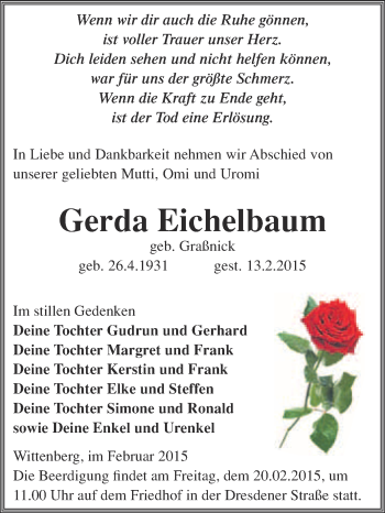 Traueranzeige von Gerda Eichelbaum von Super Sonntag Wittenberg