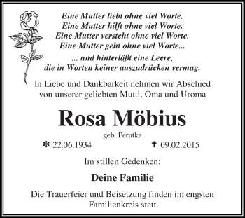 Traueranzeige von Rosa Möbius von WVG - Wochenspiegel Dessau / Köthen