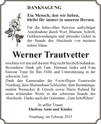 Traueranzeige von Werner Trautvetter von Super Sonntag Bernburg