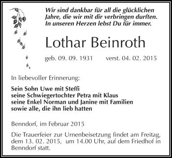 Traueranzeige von Lothar Beinroth von Mitteldeutsche Zeitung Mansfelder Land