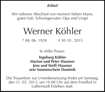 Traueranzeige von Werner Köhler von Mitteldeutsche Zeitung Mansfelder Land
