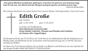 Traueranzeige von Edith Große von WVG - Wochenspiegel Bitterfeld