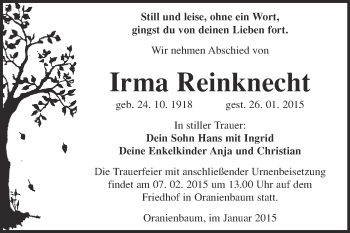 Traueranzeige von Irma Reinknecht von Super Sonntag Wittenberg