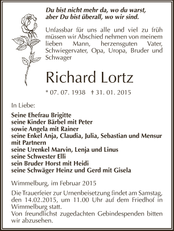 Traueranzeige von Richard Lortz von Wochenspiegel Mansfelder Land