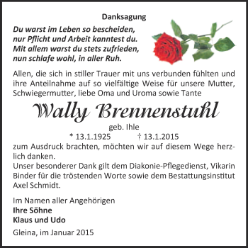 Traueranzeige von Wally Brennenstuhl von WVG - Wochenspiegel NMB / WSF / ZTZ