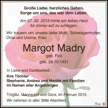 Traueranzeige von Margot Madry von Super Sonntag Zeitz