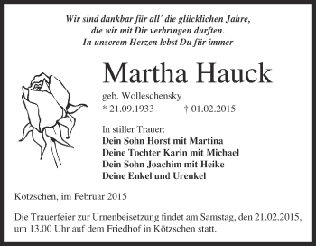 Traueranzeige von Martha Hauck von WVG - Wochenspiegel Merseburg