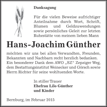 Traueranzeige von Hans-Joachim Günther von Super Sonntag Bernburg