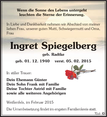 Traueranzeige von Ingret Spiegelberg von Mitteldeutsche Zeitung Weißenfels
