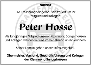 Traueranzeige von Peter Hosse von Mitteldeutsche Zeitung Sangerhausen