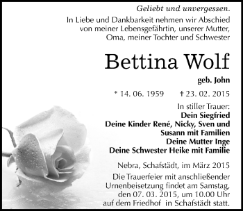Traueranzeige von Bettina Wolf von Mitteldeutsche Zeitung