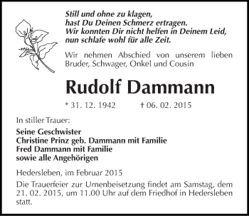 Traueranzeige von Rudolf Dammann von Mitteldeutsche Zeitung Mansfelder Land