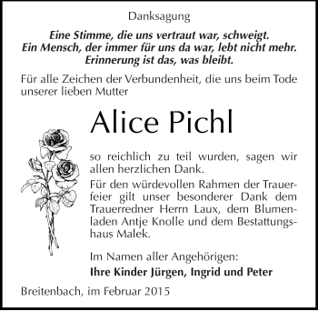 Traueranzeige von Alice Pichl von Mitteldeutsche Zeitung Sangerhausen