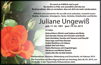 Traueranzeige von Juliane Ungewiß von Mitteldeutsche Zeitung Weißenfels