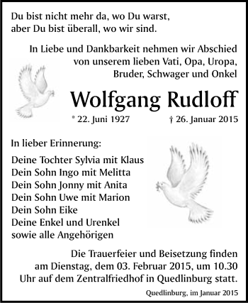 Traueranzeige von Wolfgang Rudloff von WVG - Wochenspiegel Quedlinburg