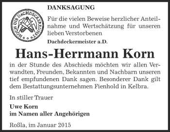 Traueranzeige von Hans-Hermann Korn von Super Sonntag SGH Mansf. Land
