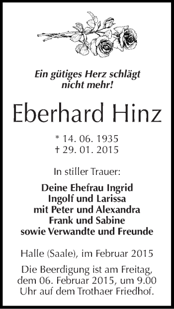 Traueranzeige von Eberhard Hinz von Mitteldeutsche Zeitung Halle/Saalkreis