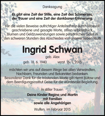 Traueranzeige von Ingrid Schwan von WVG - Wochenspiegel Dessau / Köthen