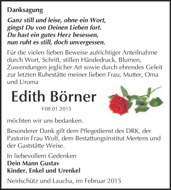 Traueranzeige von Edith Börner von WVG - Wochenspiegel NMB / WSF / ZTZ