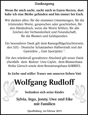 Traueranzeige von Wolfgang Rudloff von Mitteldeutsche Zeitung Quedlinburg