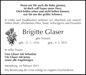 Traueranzeige von Brigitte Glaser von Mitteldeutsche Zeitung Merseburg/Querfurt