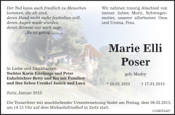 Traueranzeige von Marie Elli Poser von Super Sonntag Zeitz