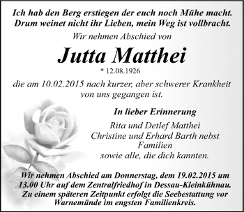 Traueranzeige von Jutta Matthei von Mitteldeutsche Zeitung Dessau-Roßlau
