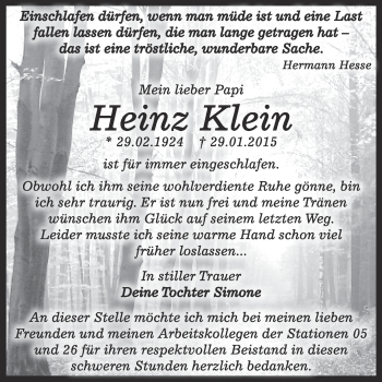 Traueranzeige von Heinz Klein von Super Sonntag Dessau / Köthen