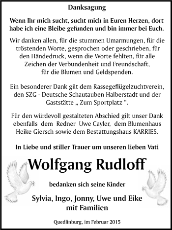 Traueranzeige von Wolfgang Rudloff von WVG - Wochenspiegel Quedlinburg